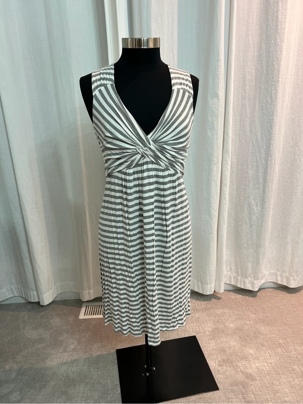 Boston Proper Gray & White Striped Twist-Front Swim Coverup Dress